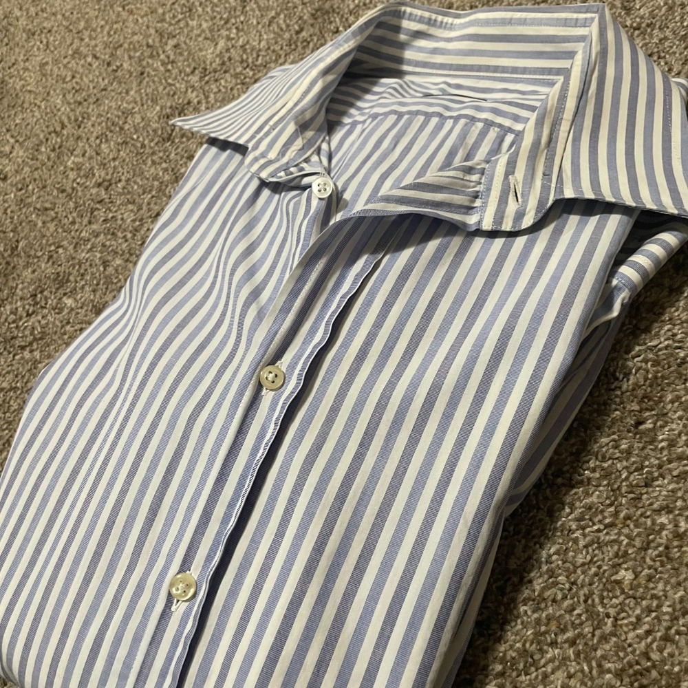 Valentino Roma Mens Striped Dress Shirt Blue White Button Down Collar 17.5 44
